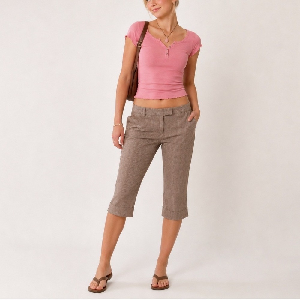 Y2K Vintage Capri Pants Plaid Metallic Cuffed 7 Brown Business Casual Bratz Prep